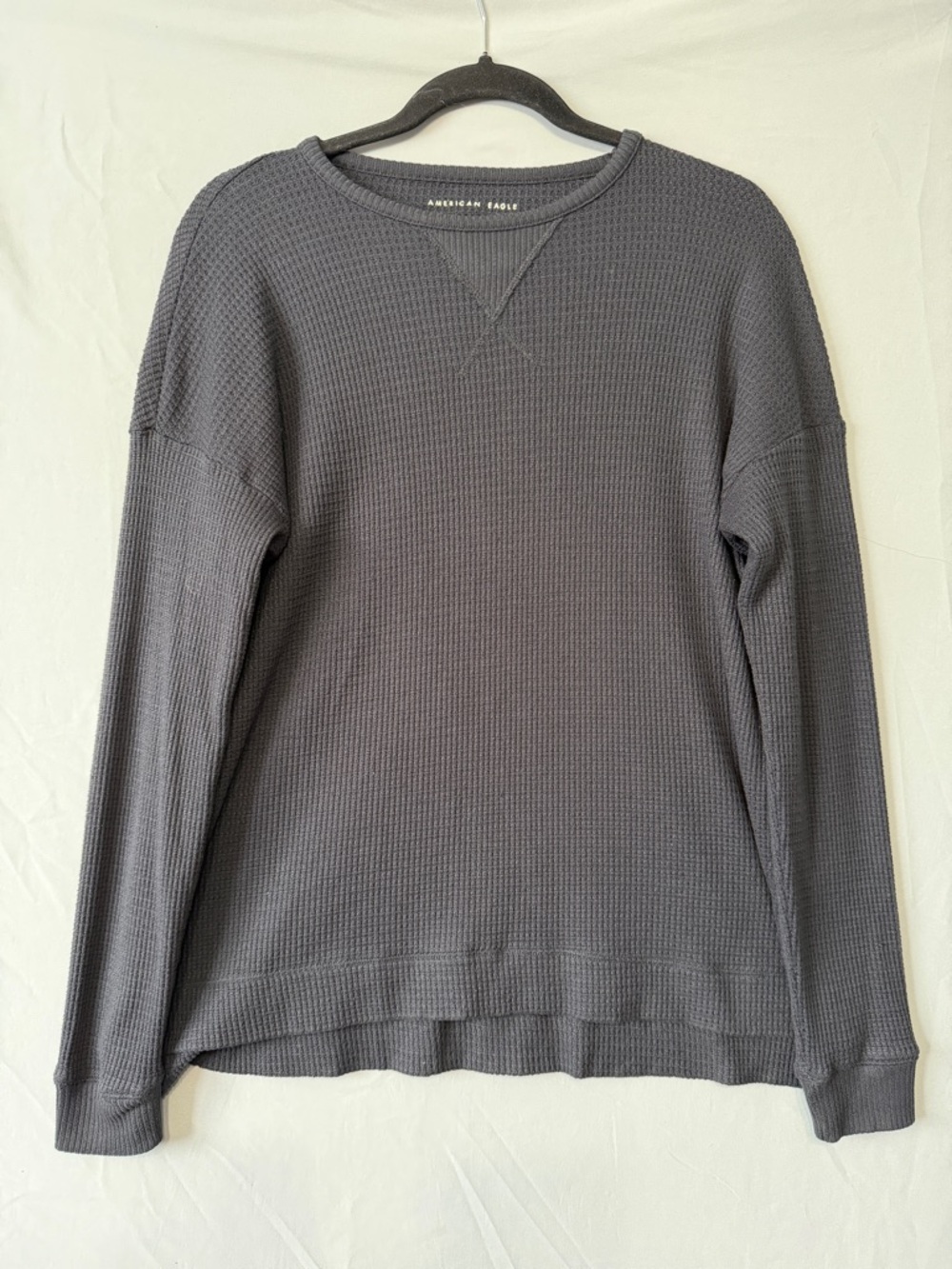American Eagle Womens Oversized Waffle Knit Top XS Grey  Split Hem Crewneck Soft